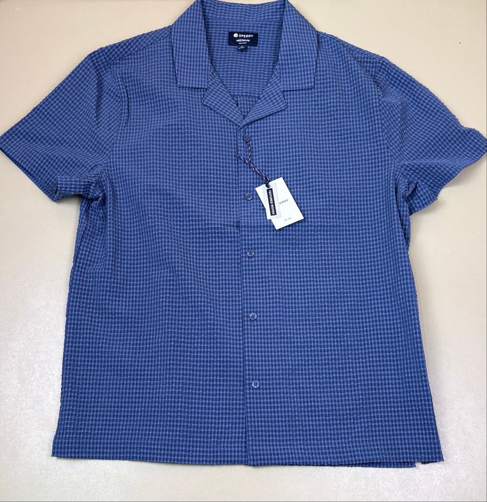 Sperry Men’s Medium Indigo Textured Woven Short Sleeve Button Up Shirt NWT